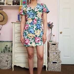 Vintage 90s Paris Blues Floral Dress